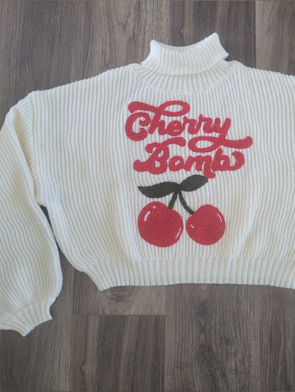 Ivory Knit Lightweight Sweater with Red Cherry Graphic